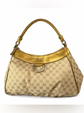 Gucci Gold Trim Beige GG Canvas Shoulder Bag